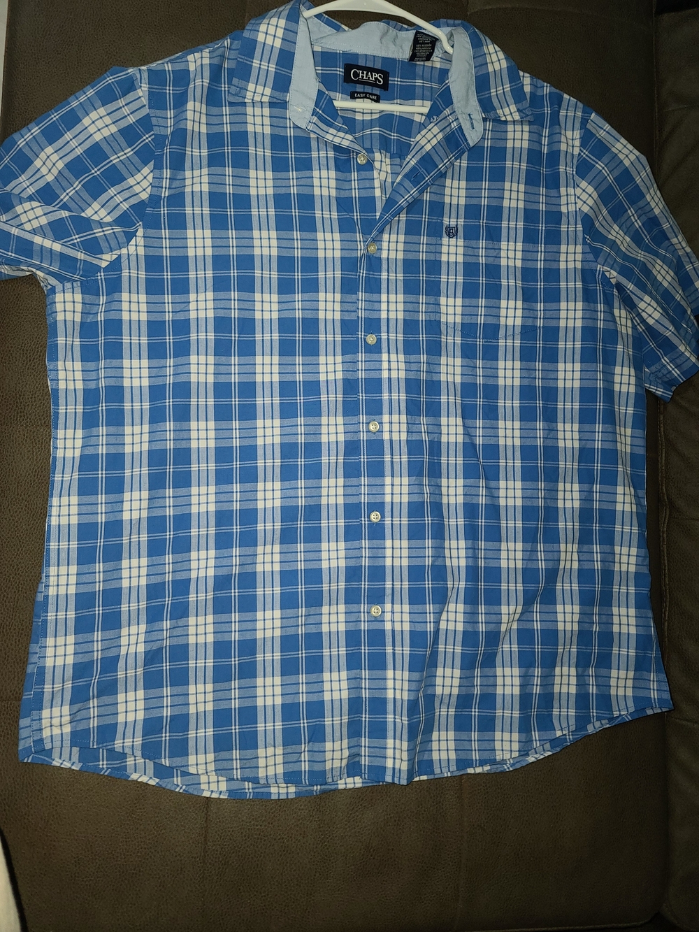 Chaps Blue and White Plaid Short-Sleeve Button-Down Shirt